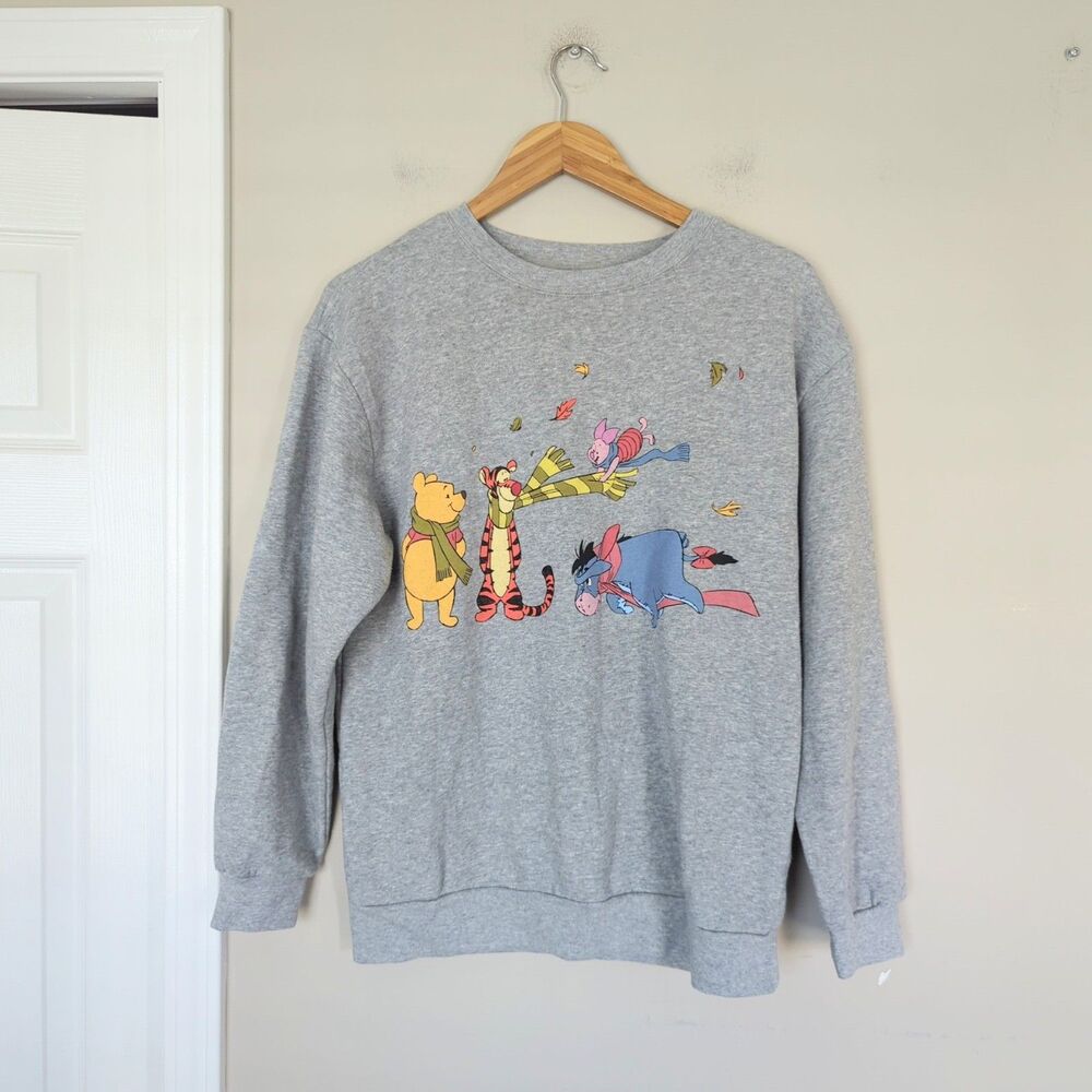 Winnie the Pooh Gray Fleece Lined Graphic Crewneck Sweatshirt Eeyore Tigger Med
